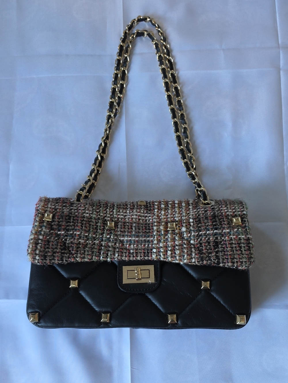 Made In Italy Genuine Leather Black Quilted & Tweed Chain Shoulder Bag
